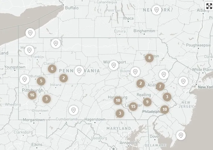 Map of PA Wedding Guide vendor locations across Pennsylvania